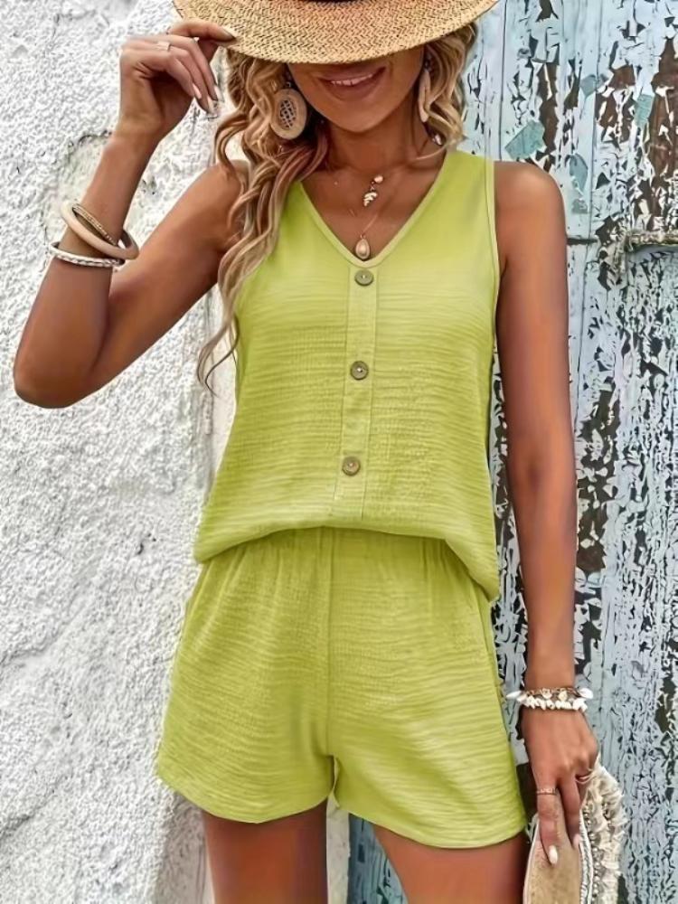 Casual Solid-color Textured Shorts Set, V-neck Single-breasted Vest and Loose Simple Shorts Summer Clothing Two-piece Set