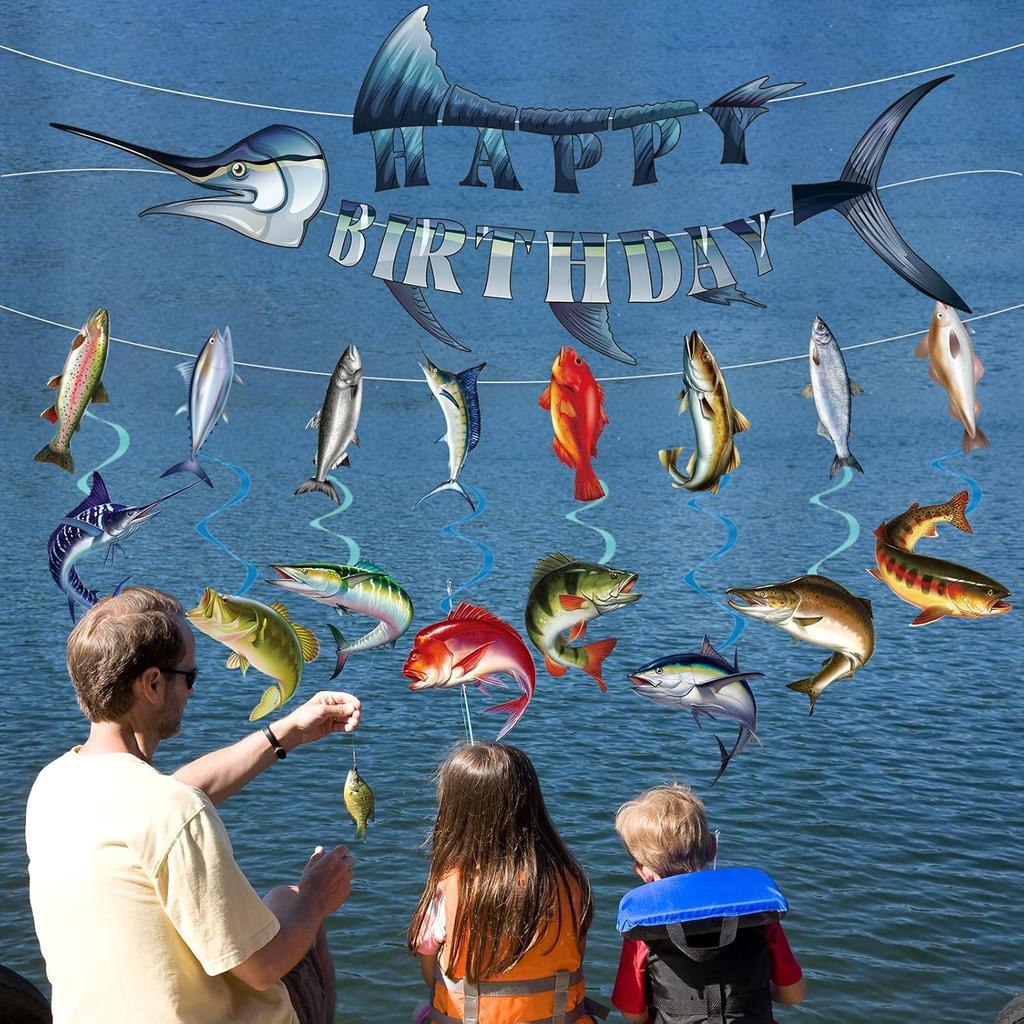 Fishing Birthday Party Decorations - 10PCS Fishing Themed Banners with Hanging Swirls Happy Bday Decoration for Fish Lovers Fisherman