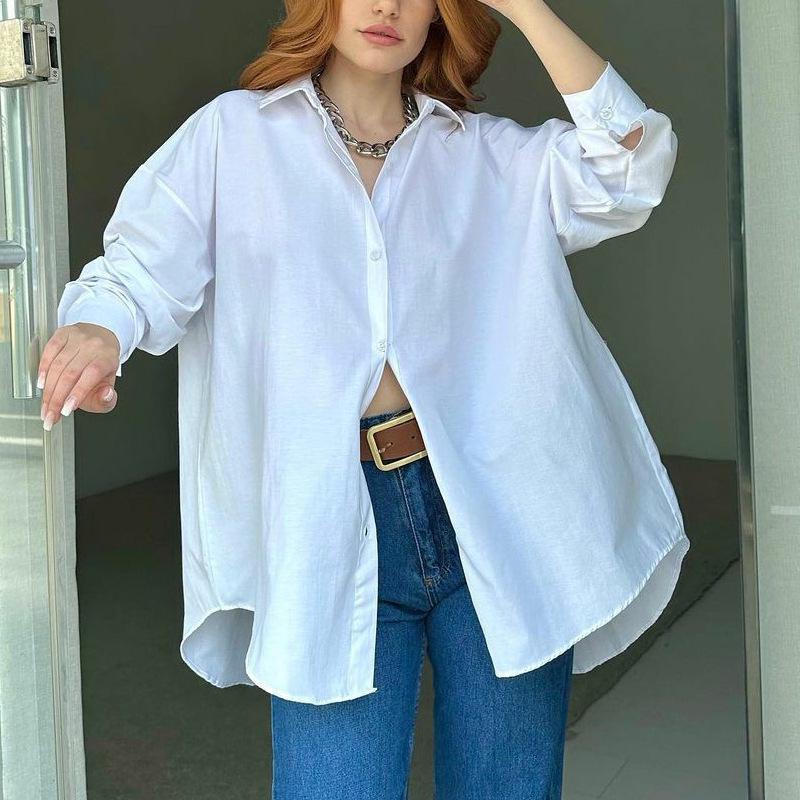 European and American Women's Solid Color Long-Sleeve Back Slit Loose Shirt - Autumn 2023 Fashion.