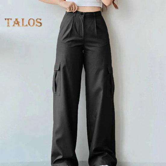 Damen-Cargohose, mittelhoher Bund, Knopfleiste, Reißverschluss, lässige Hose mit mehreren Taschen, gerades Bein, lockere Passform, einfarbig, lange Hose
