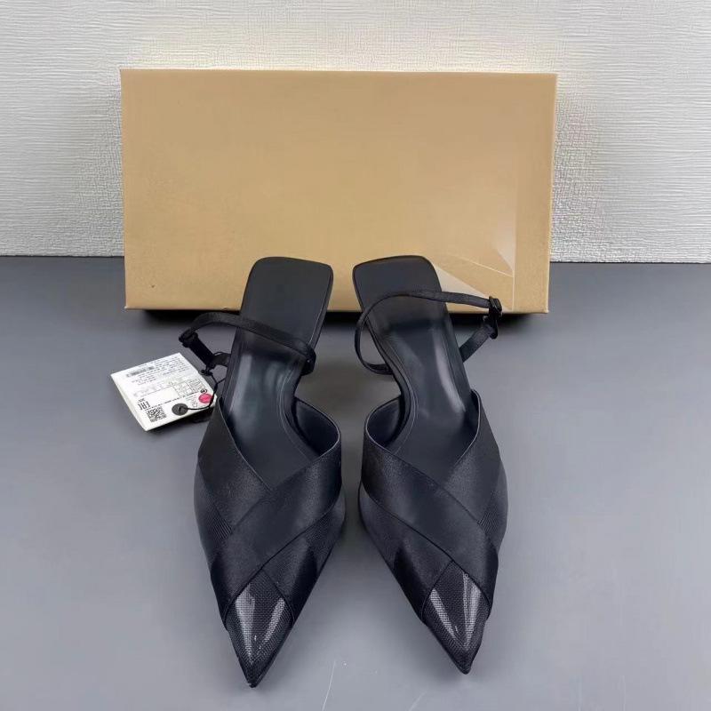 Женские 2025 Осенний Стиль Туфли-лодочки на Высоком Каблуке с Заостренным Носком из Сетки на Шпильке с Низким Задником 39 чёрный 3627₽
