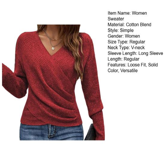 Women Sweater V-neck Long Sleeve Loose Fit Casual Spring Tops Solid Color