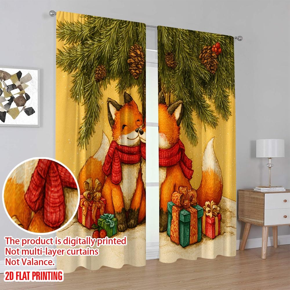2pcs,2D Plane Printing Light Filtering Curtains Cozy Foxes In Red Scarves with Pine & Gifts Versatile Polyester (without Rod)