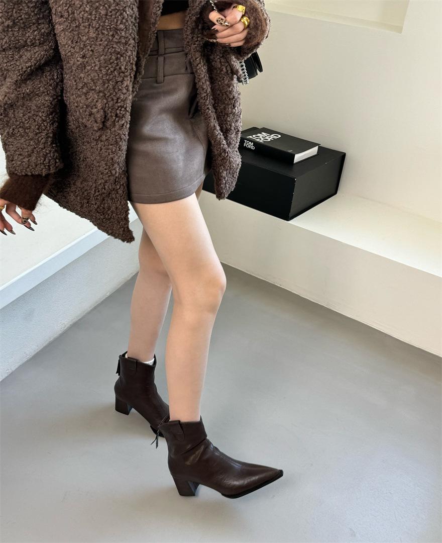 

Korean thick heel fashion boots 2025 autumn and winter new versatile pointed thin boots and ankle temperament high heel short boots women 40 темно-коричневого