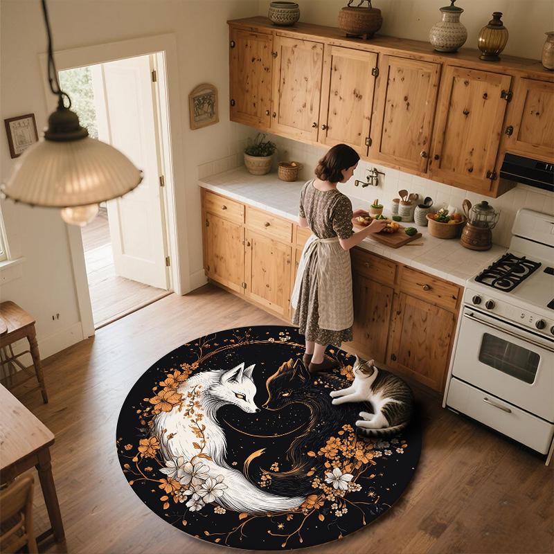 Wreath Flower Fox,Round Area Rug,Carpet Rug for Living Room Bedroom Sofa Playroom Decor,Non-slip Floor Mat
