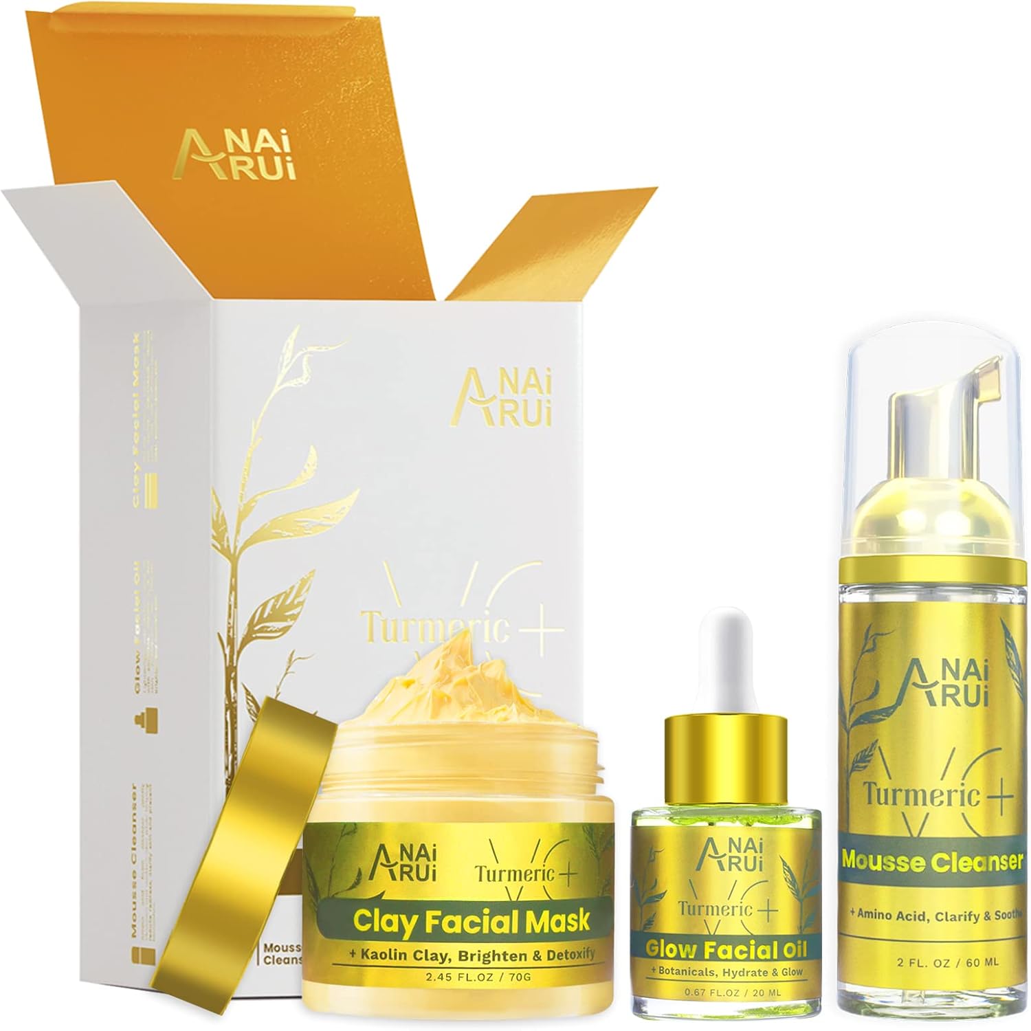 ANAiRUi Turmeric Skincare Gift Set, 3-in-1 Facial Care Kit with Cleanser, Clay Mask & Face Oil