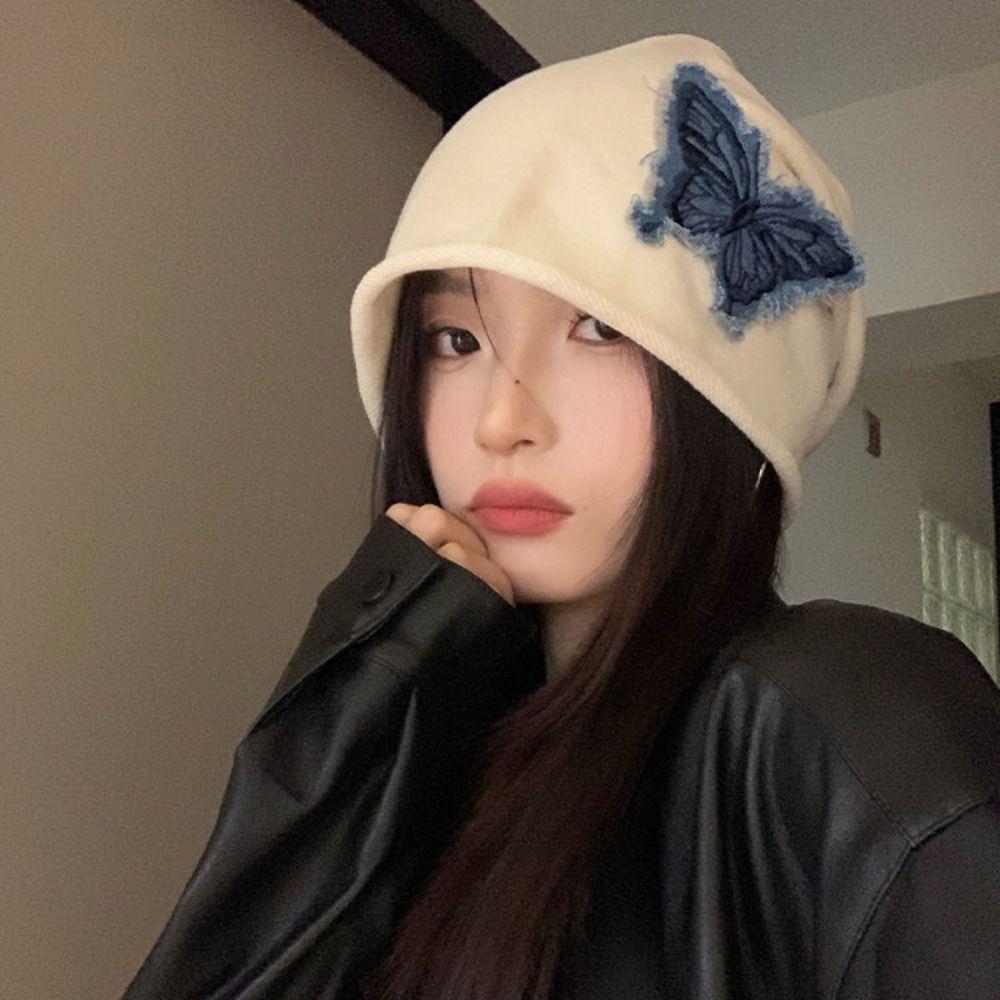 Patch Butterfly Beanies College Style Pullover Hat Soft Retro Skullies  Outdoor