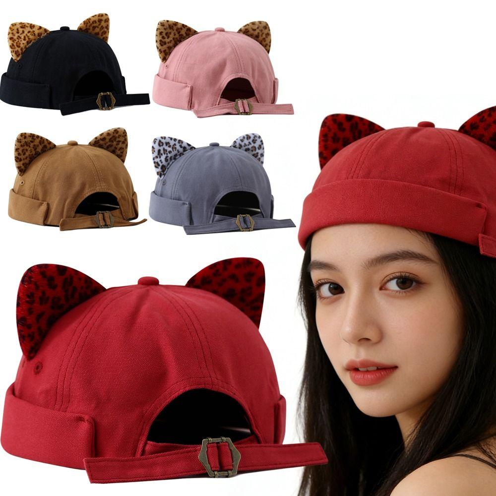 Leopard Print Cat Ears Brimless Hat Adjustable Beanie Hat Cute Melon Docker Cap  Outdoor