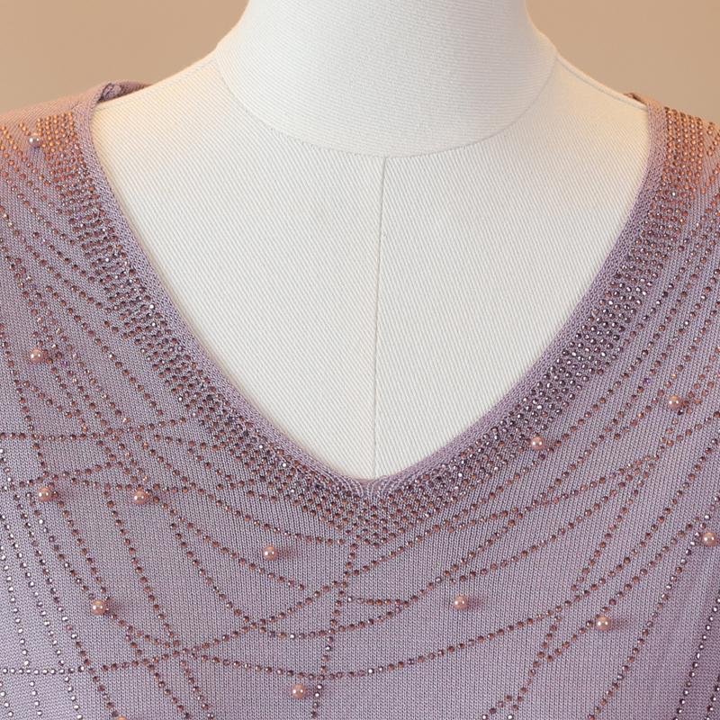Women Plus Size V‑Neck Short Sleeve Knit Top Rhinestone Beaded Casual Knitted Sweater
