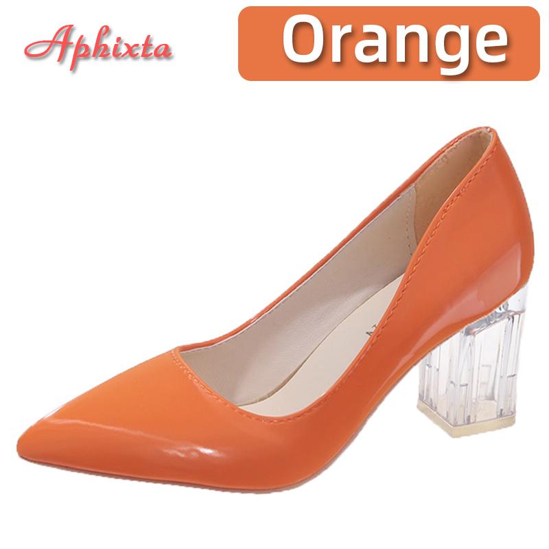 Fashion Aphixta 7cm High Heels Women Lady Orange Leather Pumps Female Wedding Green Transparent Shoes Drop Shipping Plus Size  30-50