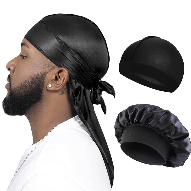 

3PCS/LOT Men Silky Durag Long Tail Pirate Hat Headband Turban Dome Wave Cap Unisex Wig Cap Elastic Band Satin Bonnet