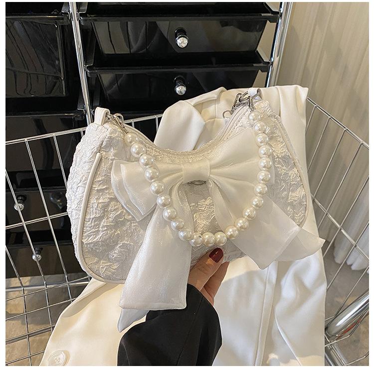 White Folds Pearl Female Bag Retro Luxury Designer Handbag Bow Crossbody Bags Fashi Y2K Vintage Women's Shoulder Bag Purses
