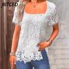 Women's Fashion Casual Solid Color Print Short Sleeve Square Collar Blouses & Shirts