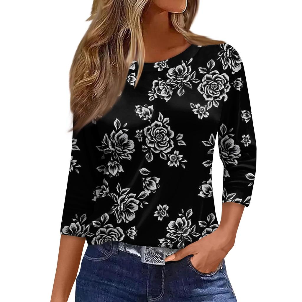 Women's Flower Small Fresh T-shirt Fashion Long Sleeve Round Neck Regular Top Spring and Autumn Wear