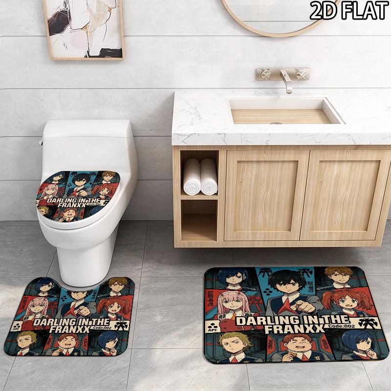 Franxx Collage 3Pcs Flannel Toilet Mat Set Bathroom Rug Bath Carpet Non Slip Home Decor Toilet 3 Pcs Bathroom Textile Set
