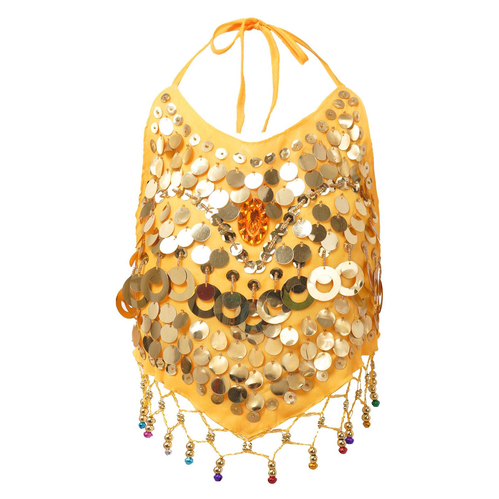 

Дитячий топ для танцю живота без рукавів, без рукавів, без рукавів, без рукавів, без спинки, блискітками, дзвіночками, декором з китицями. 4-12 Years жовтий