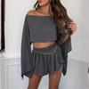 Lässiges Baumwoll-Leinen Langarm-Oberteil und Shorts Set für Damen