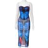 2 Pcs/Set Women Top Skirt Set Bodycon Skinny Colorful Mid-calf Length Animal Thin Backless Butterflies Print Sleeveless