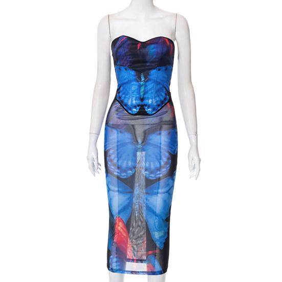 2 Pcs/Set Women Top Skirt Set Bodycon Skinny Colorful Mid-calf Length Animal Thin Backless Butterflies Print Sleeveless