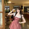 Women Slim Mini Dress, Red White Gingham Plaid Square Neck Ruffle Sleeveless Strap Double Bow Decor High Waist Flared A-line Summer Dress