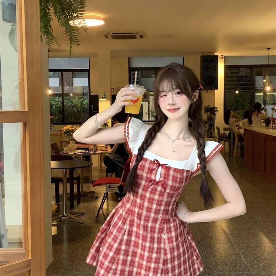 Women Slim Mini Dress, Red White Gingham Plaid Square Neck Ruffle Sleeveless Strap Double Bow Decor High Waist Flared A-line Summer Dress