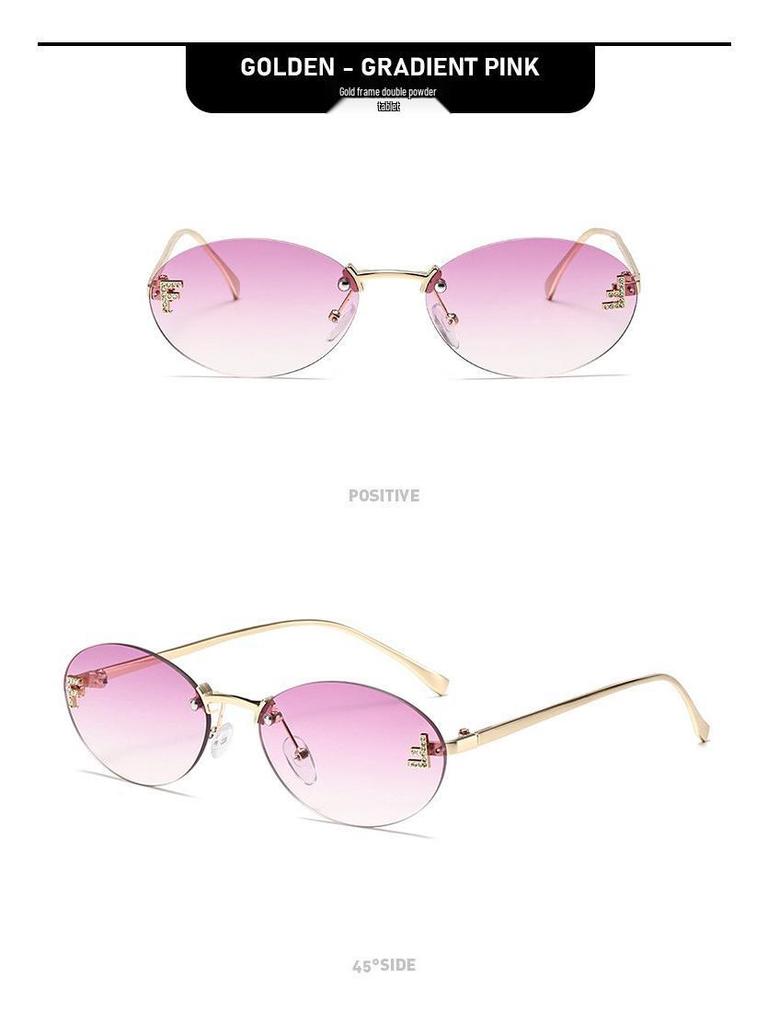 Women's Trendy Oval Rimless Rhinestone Sunglasses - European & American Style, Small Frame with Letter F Design