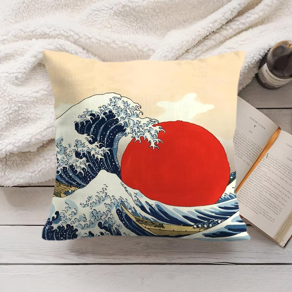 Blue Wave with Cherry Blossom Cushion Cover Silky Short Plush Invisible Zipper Dustproof Sofa Pillow Case for Home Decor