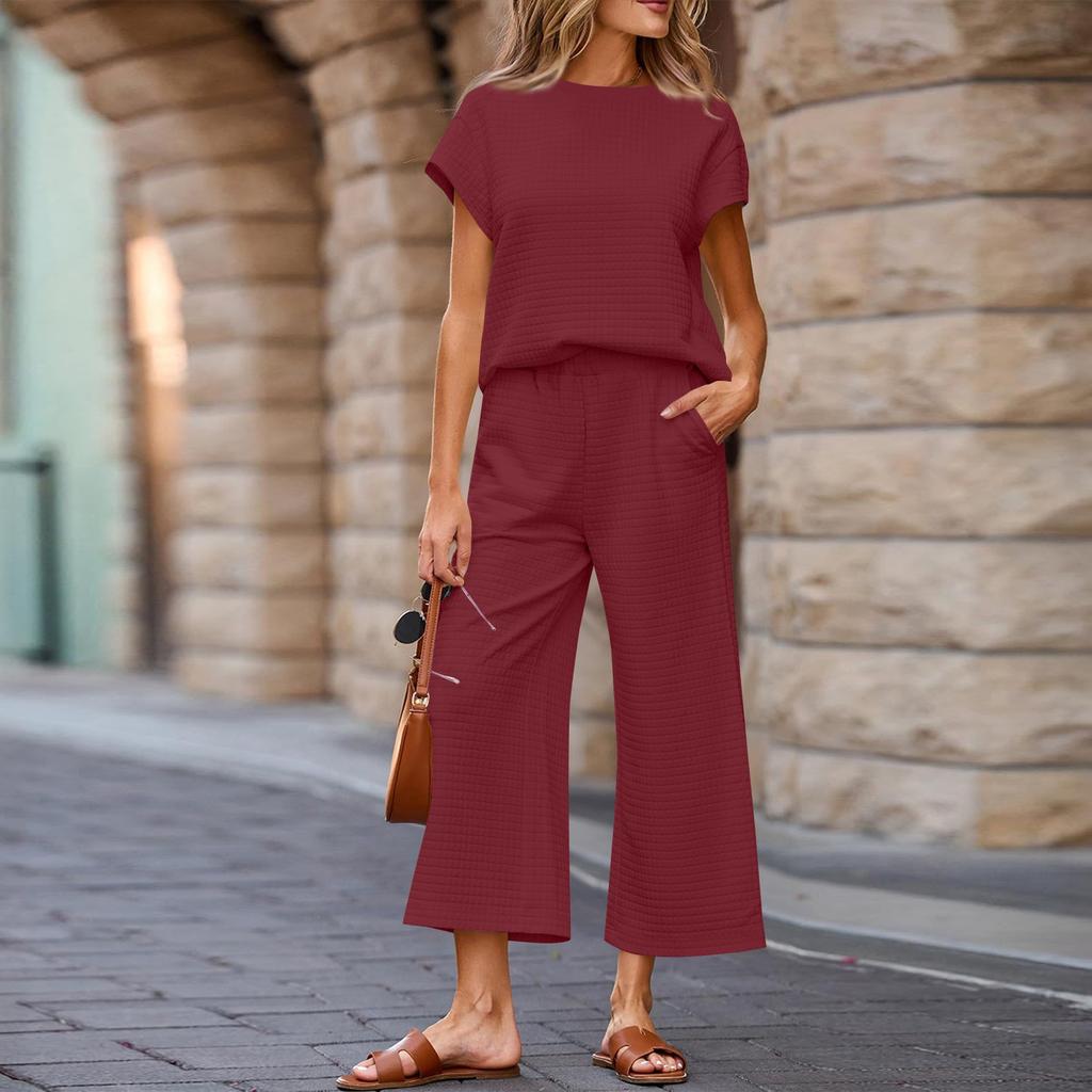 Women's Sports Casual Two-piece Suit Round Neck Short Sleeve Wide Leg Sports Pants Casual Suit