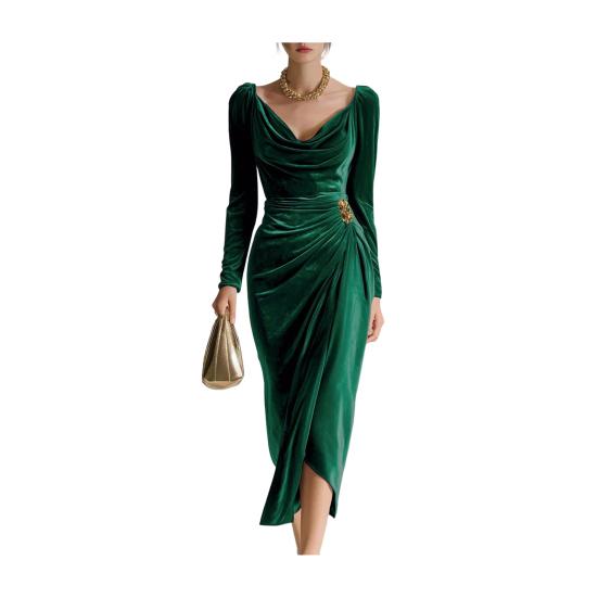 Abito da sera da donna a maniche lunghe in velluto per feste, con scollo drappeggiato, arricciato, spacco, aderente, midi, per invitati a matrimoni