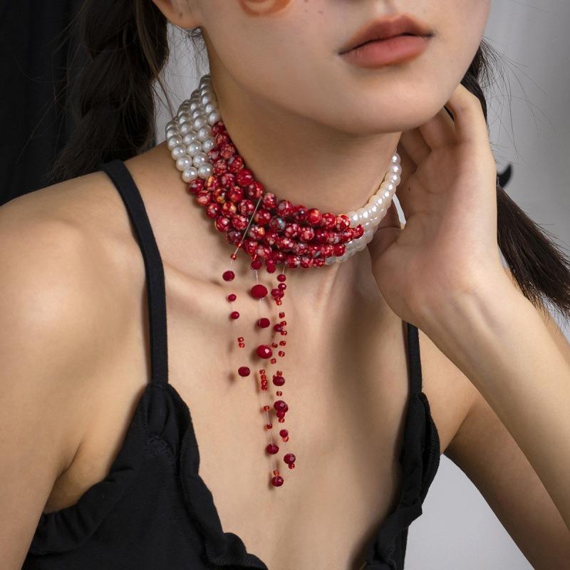 Perły Choker z Frędzlami Gotycki Naszyjnik Kropla Krwi Imitacja Perły Gotycka Bransoletka Kropla Krwi Dziewczynki