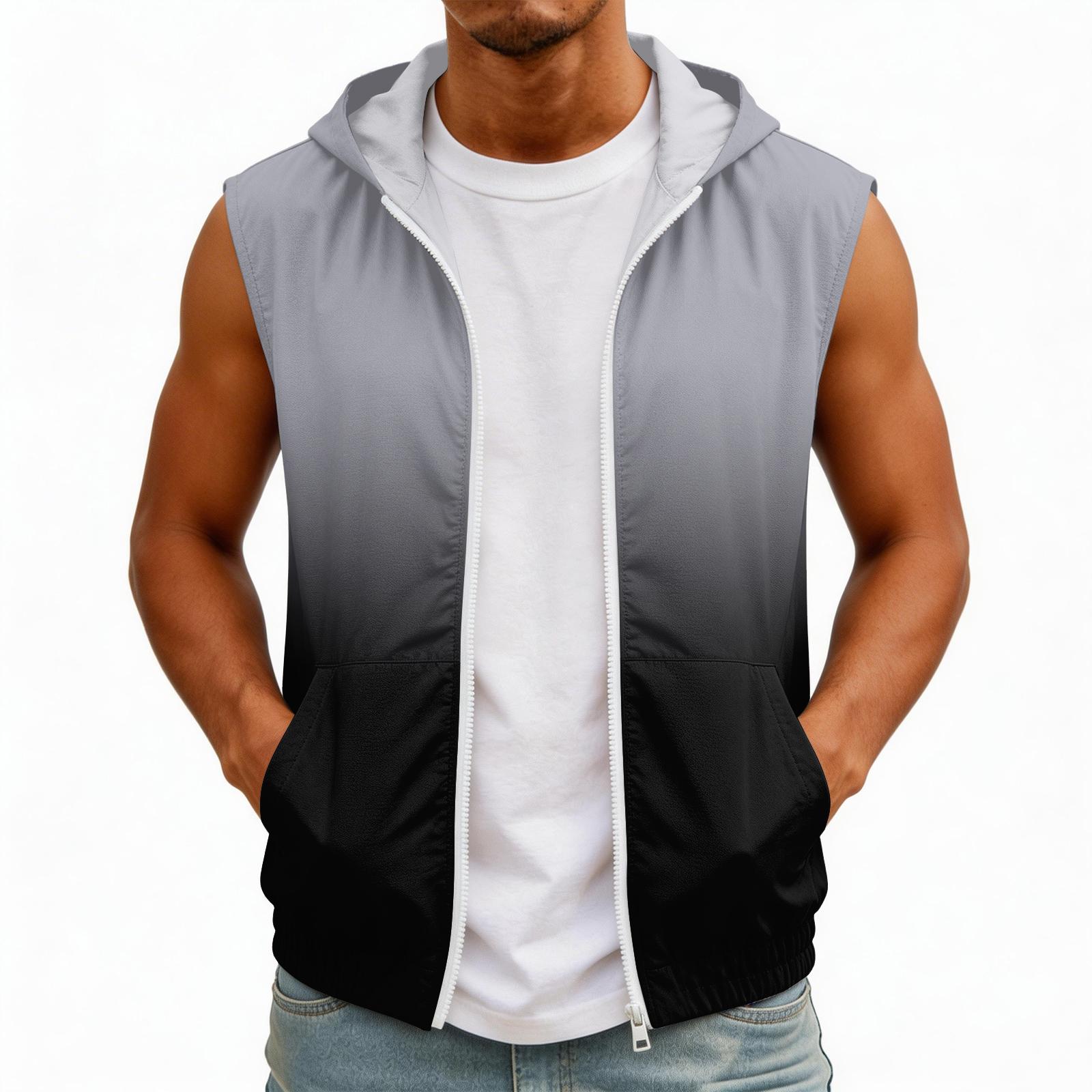 

Men s Sleeveless Hooded Sun Protection Vest Lightweight Gradient Print Design with Functional Pockets Outdoor Wear L ціан