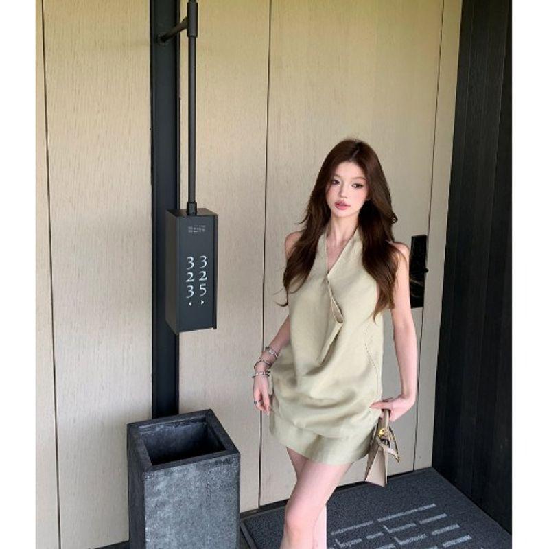 Kumikumi Pure Desire Style Set French style Swing Collar Slimming Vest Women Summer Solid Hip Skirt Two piece skirt