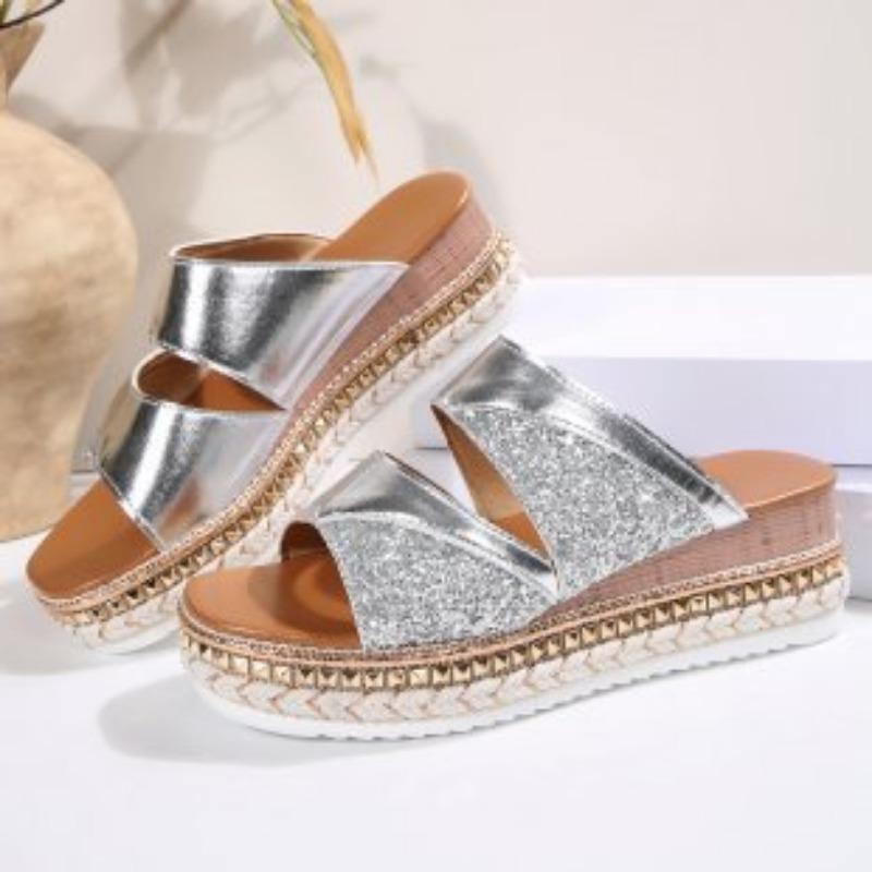 Pantofi Stil Nou Papuci cu Un Umăr Mărimi Mari cu Toc Pană Sandale de Damă cu Talpă Groasă