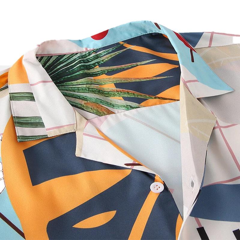 Men's Casual Loose Beach Outfit Leaf Print Shirt and Short Set for Holiday
