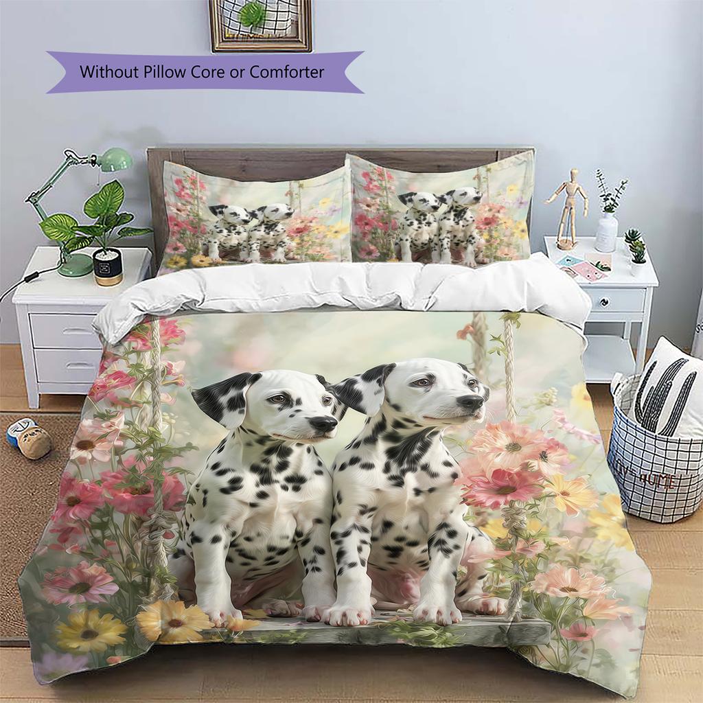 Biancheria da letto con motivo dalmata e fiori Decorazione per la casa Regalo di compleanno (1 * copripiumino + 2 * federa, senza nucleo)