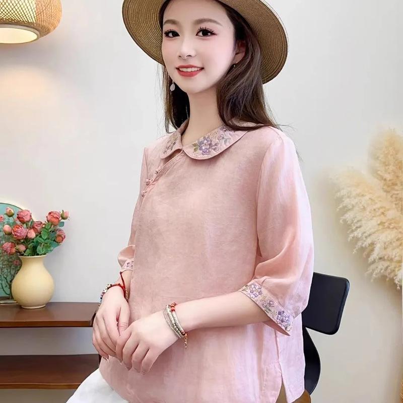 Women's Retro Folk Style Lapel Shirt with Oblique Collar and Chinese Button Design in Cotton-Linen