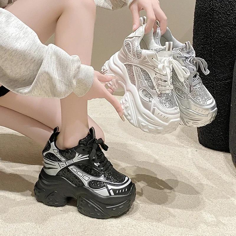 Fashion 10.5CM New 2024 Thick Bottom Bling Leather Chunky Sneakers Breathable Sport Ankle Boots Women Comfy Heels Autumn Vulcanize Shoes