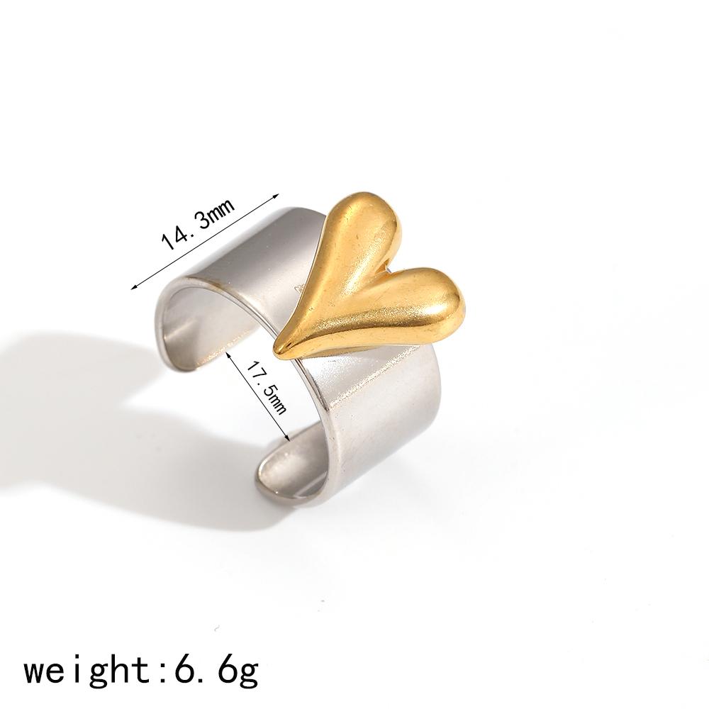 New Fashion 18K Gold Copper Color Metal Texture Heart Stainless Steel Open Rings Waterproof Accessories Jewelry
