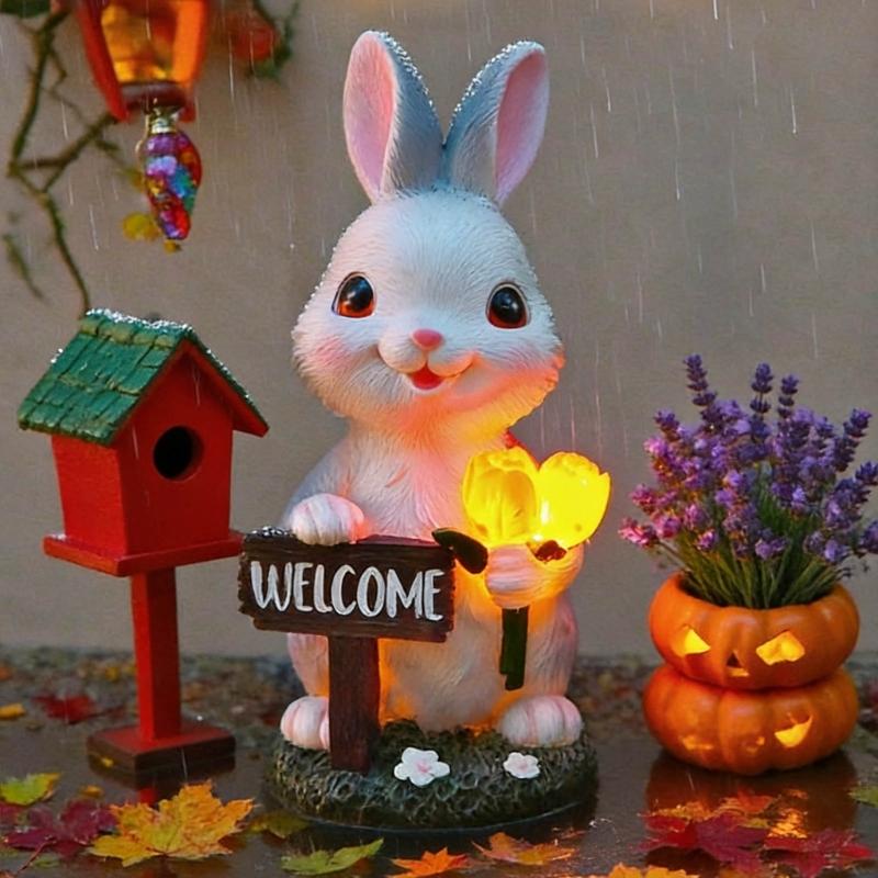 Solar Garden Rabbit Statues Outdoor Bunnies Figurine Decorations for Patios Yard Lawn Ornament Easter Housewarmings Gift
