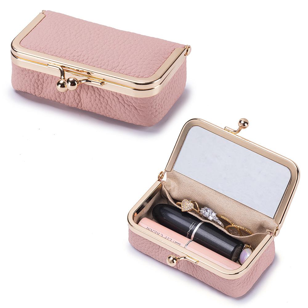 Borsa porta rossetto da donna in vera pelle con specchietto integrato, Custodia organizer portatile mini per rossetti con chiusura a bacio