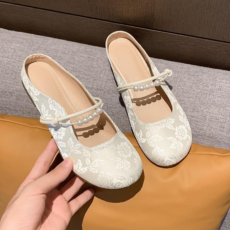 Pearl Word with Jacquard Bag Head Half Slippers Women's Autumn Wear Fashion Mary Jane Single Shoes