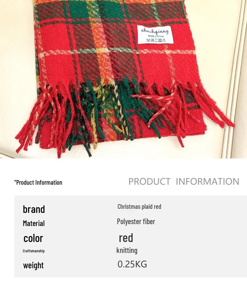Korean Style Women's Red Plaid Winter Scarf - Thick, Warm Neckerchief, Perfect Christmas Gift for Students, 2024