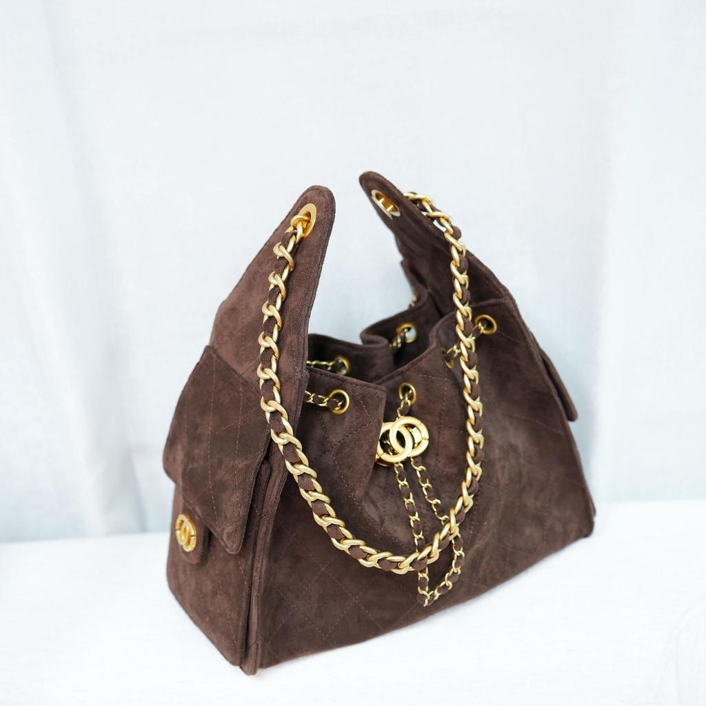 Caviar Hobo Drawstring Bucket Bag: Quilted Chain Shoulder Light Luxury Coco Style Suede