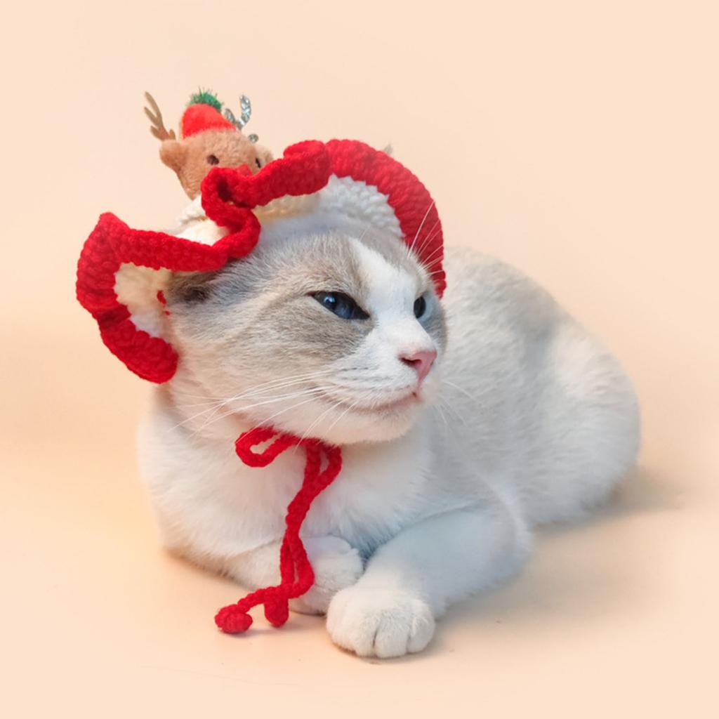Knit Cat Christmas Santa Hat for Festival Dogs Party Costume Cosplay Dress Up Festive Reindeer Hat Photo Props for Puppy