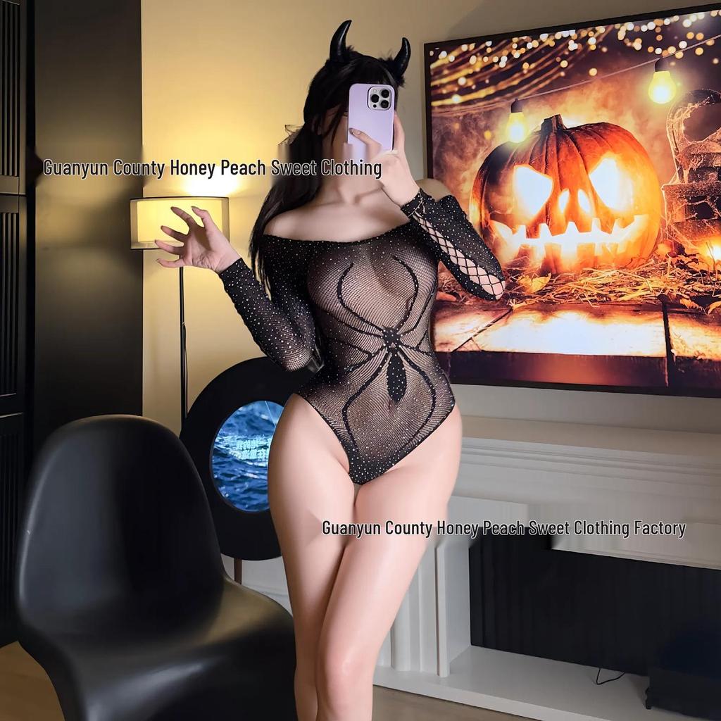 Seductive Halloween Witch Bodysuit with Long Sleeves and Sparkling Details