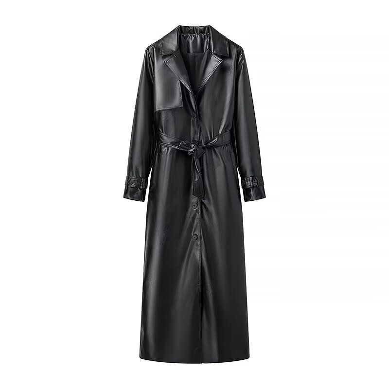 

Araltay Western Style Women clothes French style New Fashion Design Sense Niche Versatile Casual X-long Leather Coat Black L