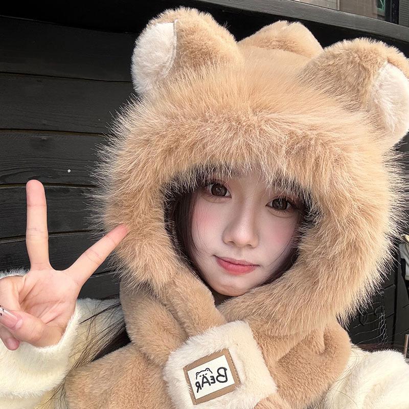 

Season s new cloud bear cute ears Lei Feng hat children s cold and warm hat scarf integrated set One size