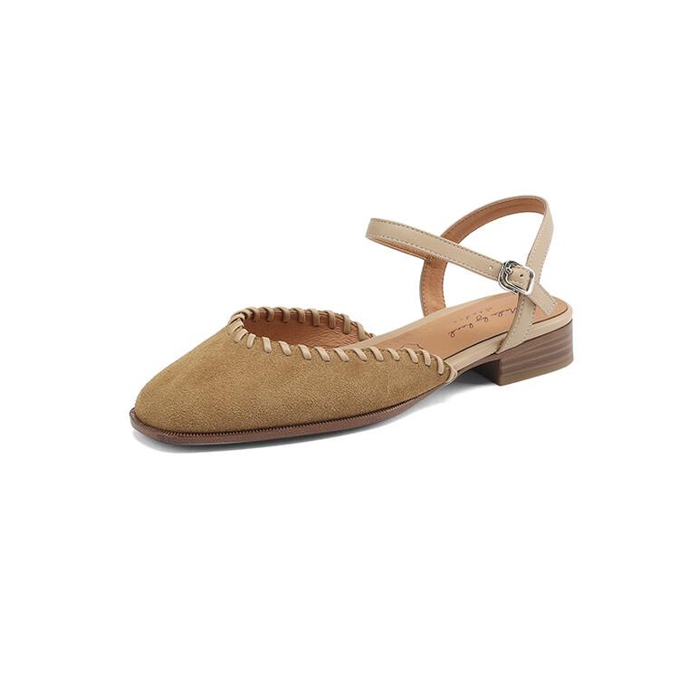 

Fashion New Summer Genuine Leather Sandals Women 2025 Square Toe Sandals Low Heel Cover Toe Sandals for Women Handmade Cow Suede Shoes 40 абрикосовый