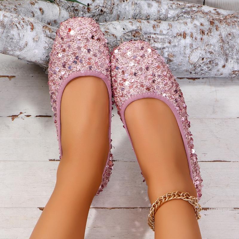 Shoes Female 2024 Fashion Slip On Women's Flats Spring Square Toe Solid Sequins Shallow Mouth Rubber Flats Basic Commuting Shoes
