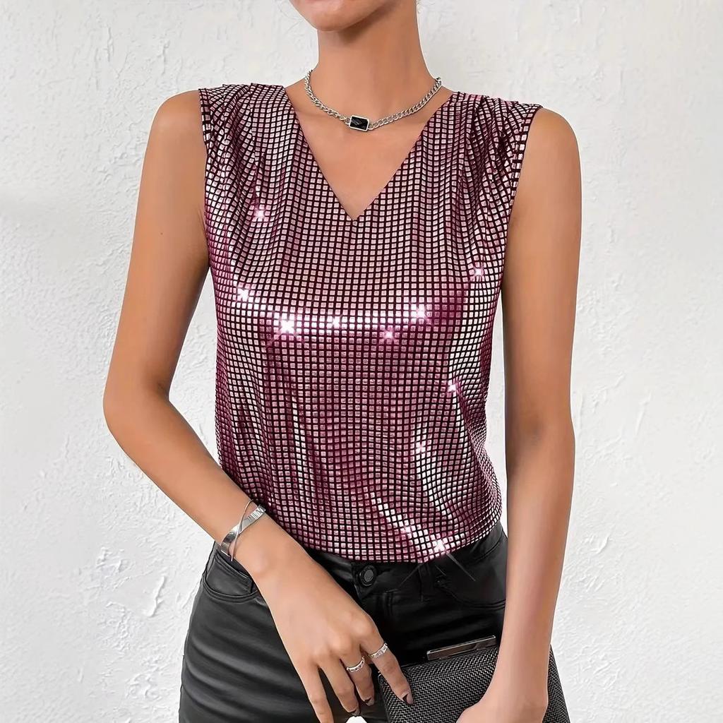 2026 Summer Women's Silver V-neck Plus Size Vest Sleeveless Slimming Plaid Top New Style
